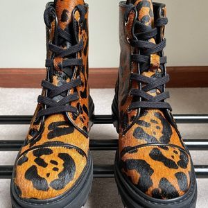 SCHUTZ Women Maylova Leopard Leather Calf Hair Combat Boots NEW NWOB